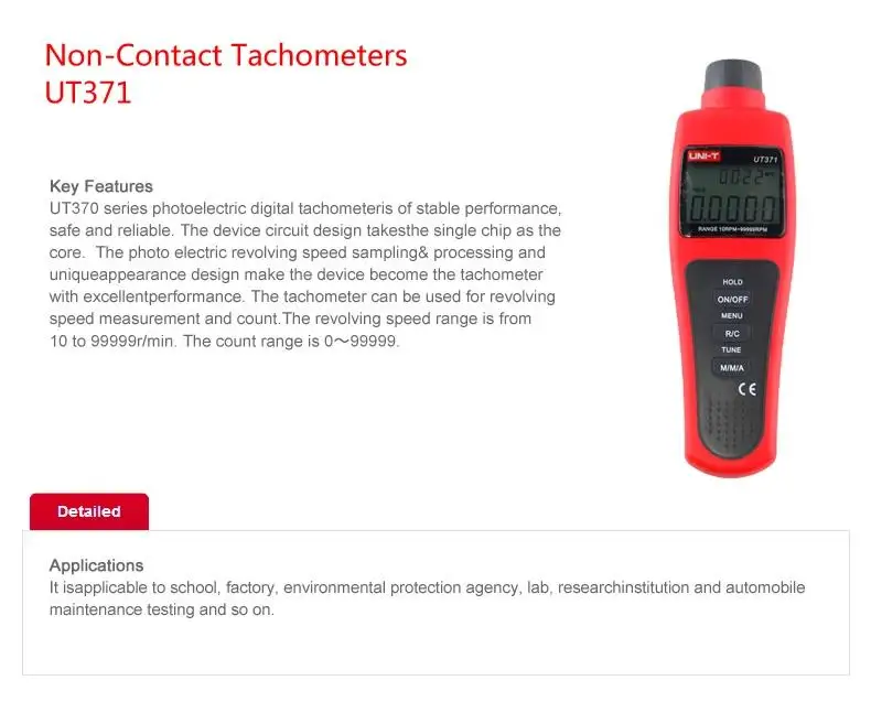 Description Picture 2 of itemUNI-T UT371 Handheld Non-Contact Tachometers RPM Range 10~99999 MAX/MIN/AVG Target Speed Measuring Instruments