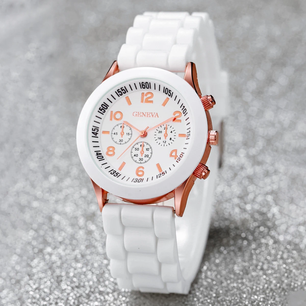 4PCS/Set Geneva Watch Pealrs Jewelry Set Fashion Silicone Band Women Quartz Wristwatch Female Casual Clock（Without Box） 6