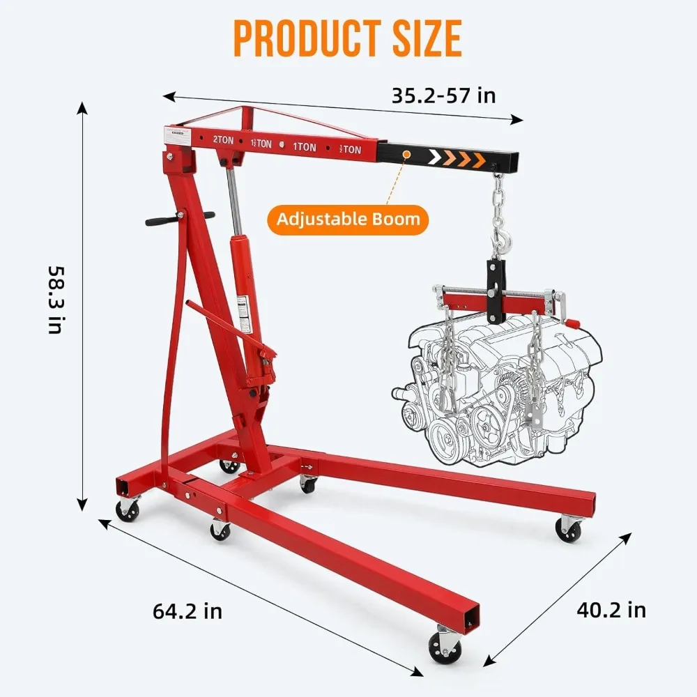 2 Ton Hydraulic Engine Hoist with Folding Design, 4000 LBS Capacity, 6 Wheels & Telescopic Boom