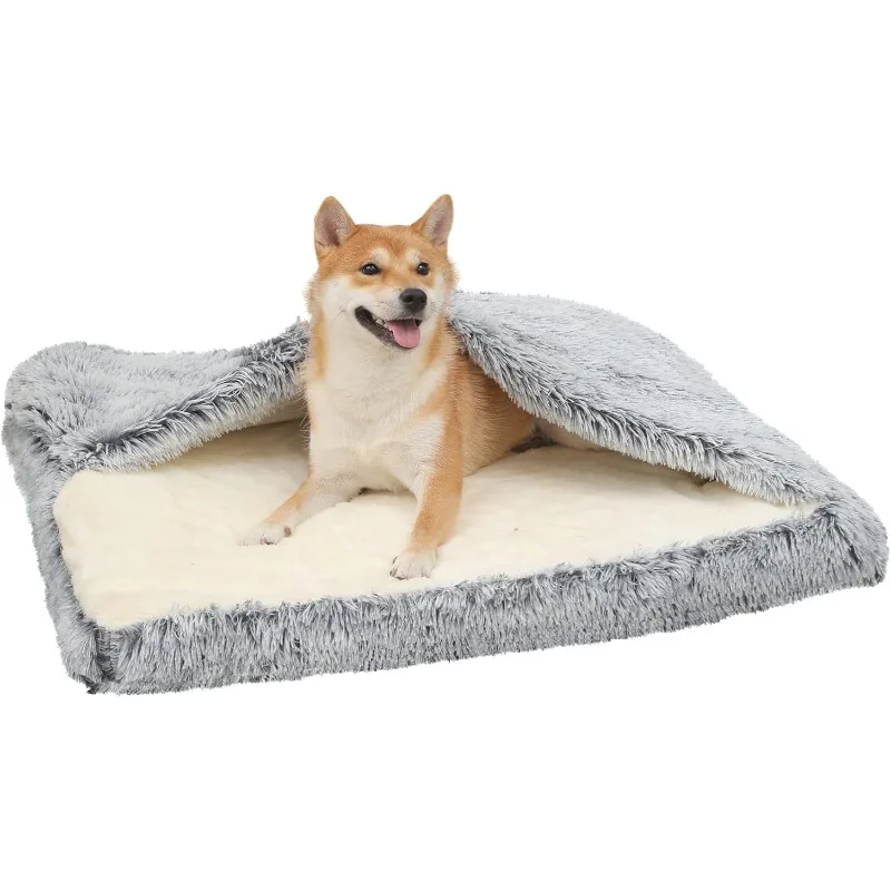 Dog Bed with Cover Cave, Orthopedic Dog Bed with Blanket, 33.5 * 27.6'' Rectangle Pet Crate Cozy Cuddler Mat
