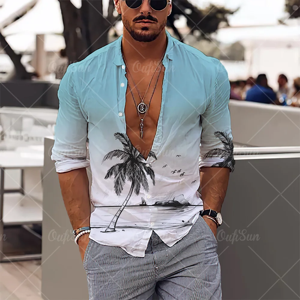 

2022 Men's Shirts Hawaiian Long Sleeve Shirts Coconut Tree Graphic Print Beach Casual Tops 5XL Oversized T-Shirts Male Clothes