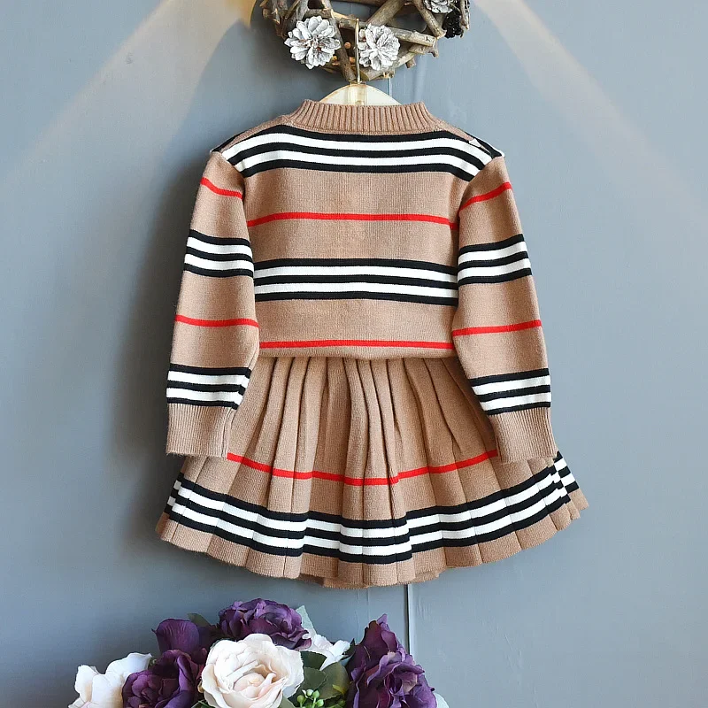 Warm Kids Clothing Little Girls Knit Outfits Stripes Sweater Cardigan Top&skirt Fashion Winter Bow Tie Clothes for Girl Sets