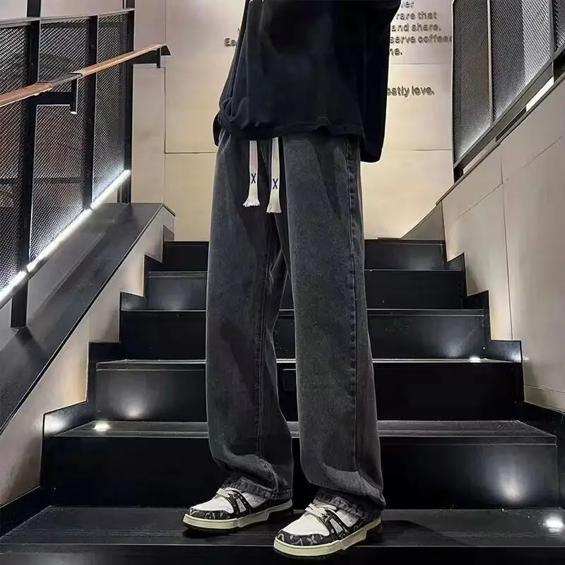Autumn Winter KPOP Fashion Style Harajuku Slim Fit Trousers Casual All Match Jeans Thick Straight Cylinder Loose Wide-leg Pants