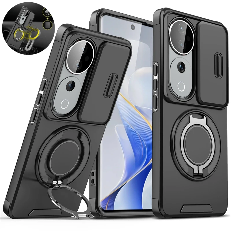 Magnetic Metal Ring Stand Armor Case with Lens Protection
