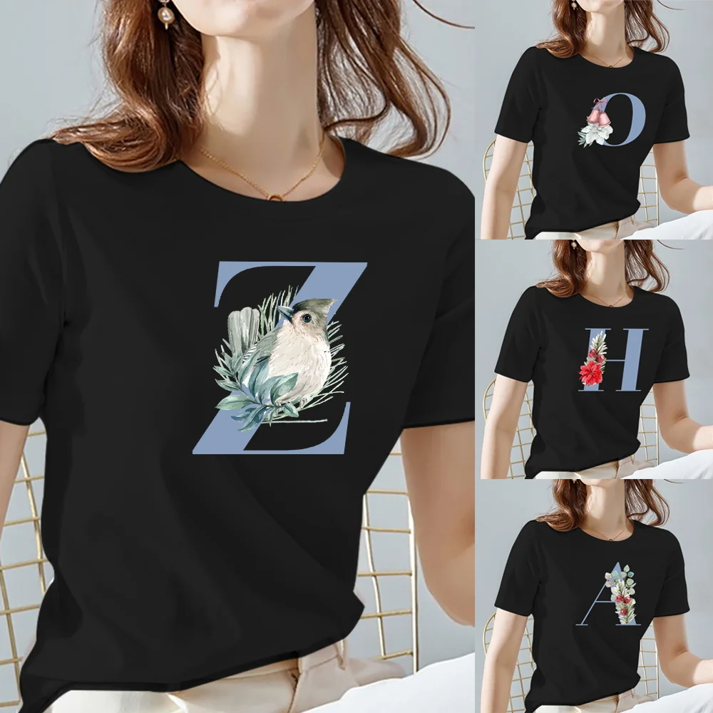 

T Shirt Women Round Neck Tee Short Sleeve Black Simple Blue Letter Name Pattern Summer Fashion Casual Ladies Top TShirt
