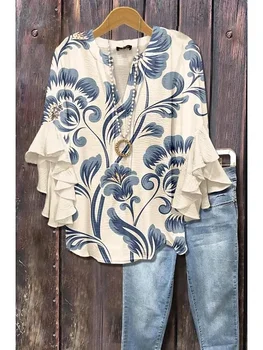 Women's Boho Floral Blouse Ruffle Sleeve Casual Loose Fit Soft Fabric Elegant Shirt for Vacation 1