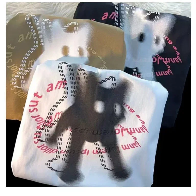 Cute Cat Print Design O-neck Short-sleeved T-shirt Women Ins Fashion Trend Couple Versatile Loose Y2k Top Women T-shirt 4