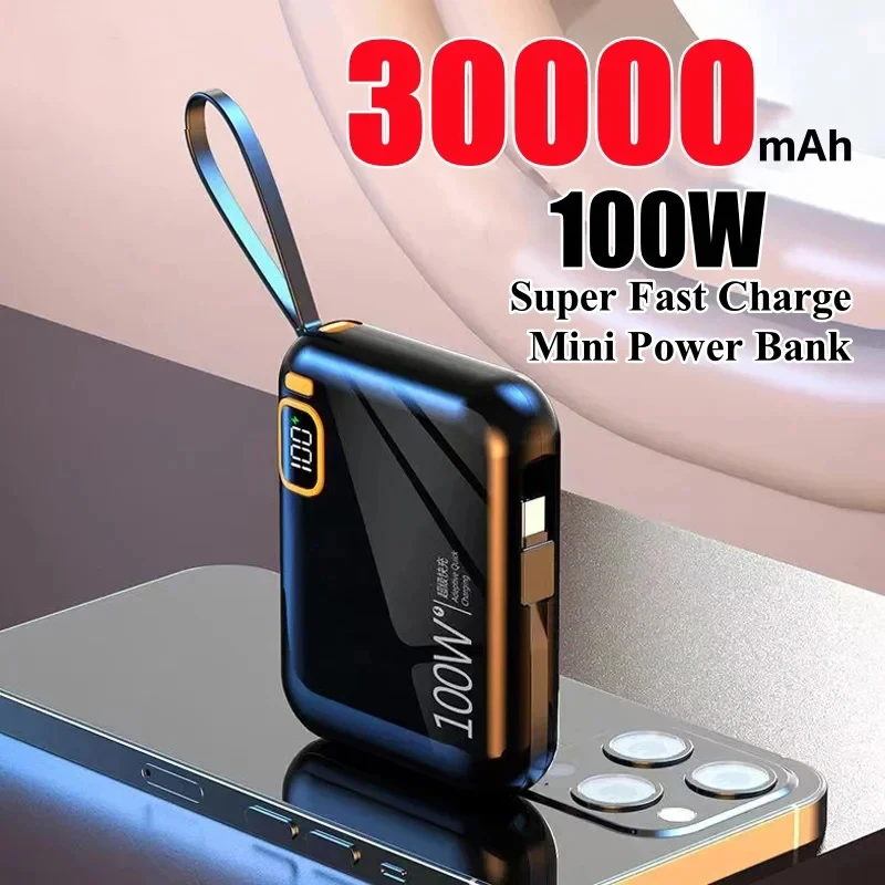 Новинка, внешний мини-аккумулятор 30000 мАч PD100W, Сверхбыстрая Зарядка от USB к кабелю Type-C, двухсторонний портативный внешний аккумулятор для iPhone, Samsung, Huawei