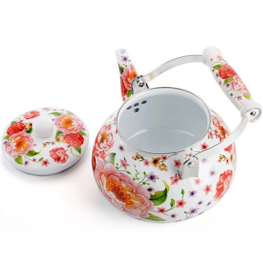 Chinese Style Enamel Teapot Floral Enameled Antiscald Handle Gas Water Kettle 2.5L Pear-shaped Tea Jug Gas Induction Cooker