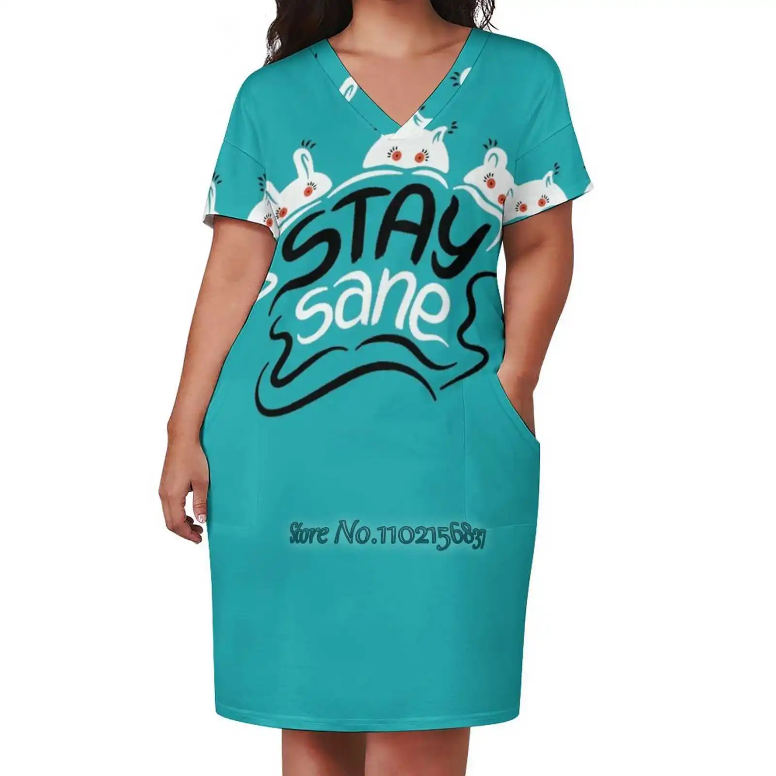 

Stay Sane Anxiety Motivational Lettering Loose V-Neck Short Sleeve Skirt Elegant High Quality Dress Lightweight Fabric Skirt