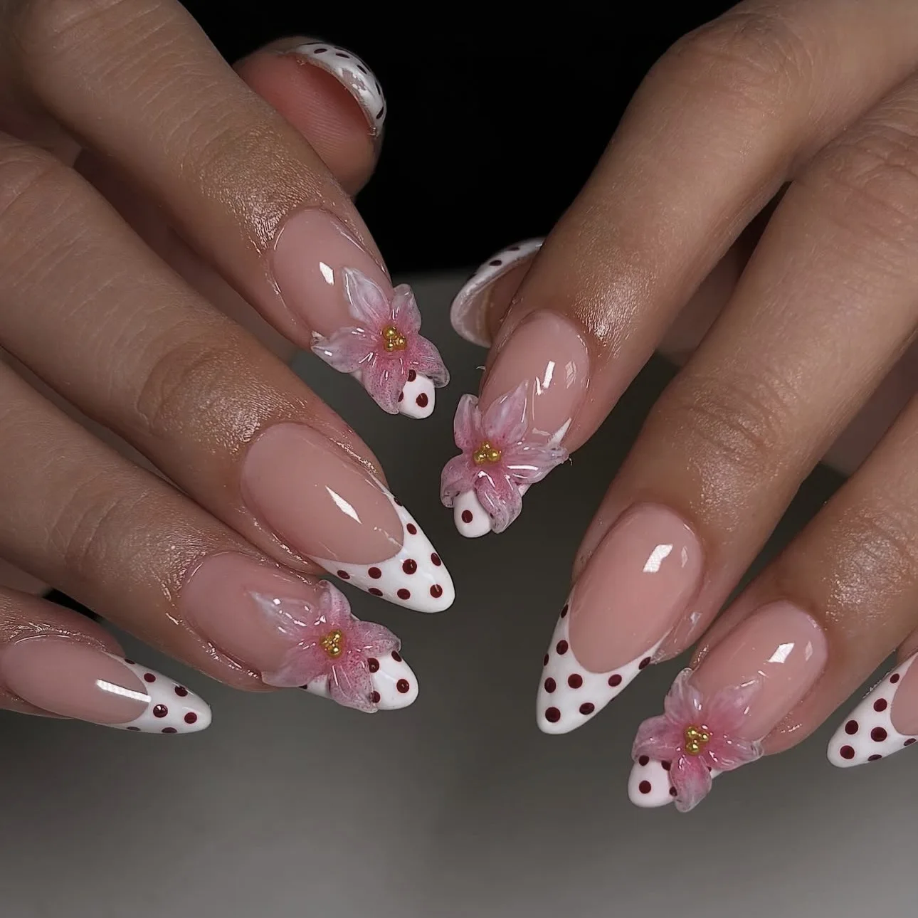 24PCS Pink Almond Press-On Nails with 3D Floral Design and Golden Pearl Accent