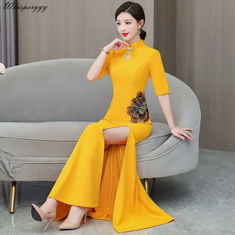 

Cheongsam 2024 New High-end Slim Fishtail Long Improved Elegant Qipao Stage Costume Chinese Banquet Dress Women New Year Clothes