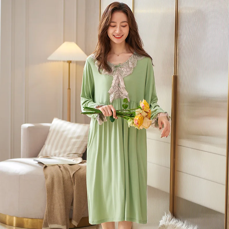 

Lace O-Neck Ruffle Nightgowns Soft Modal Sleepwear Cute Princess Long Nightdress Long Sleeve Elegant Nightwear Casual Nighty