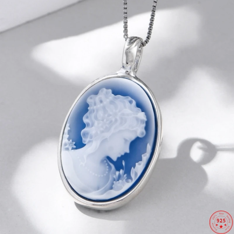 

S925 Sterling Silver Pendant for Women Men New Fashion Blue Agate Beauty Head Vintage Double Embossed Oval Jewelry Free Shipping