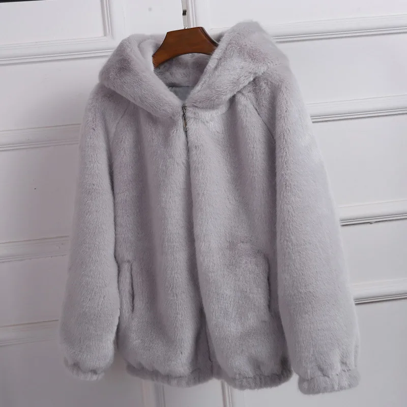 Lady Artificial Fur Hooded Soft  Women's Jacket White Grey Pink Rabbit Imitation Fur Outcoat Winter Grass Mink Faux Fur Coat