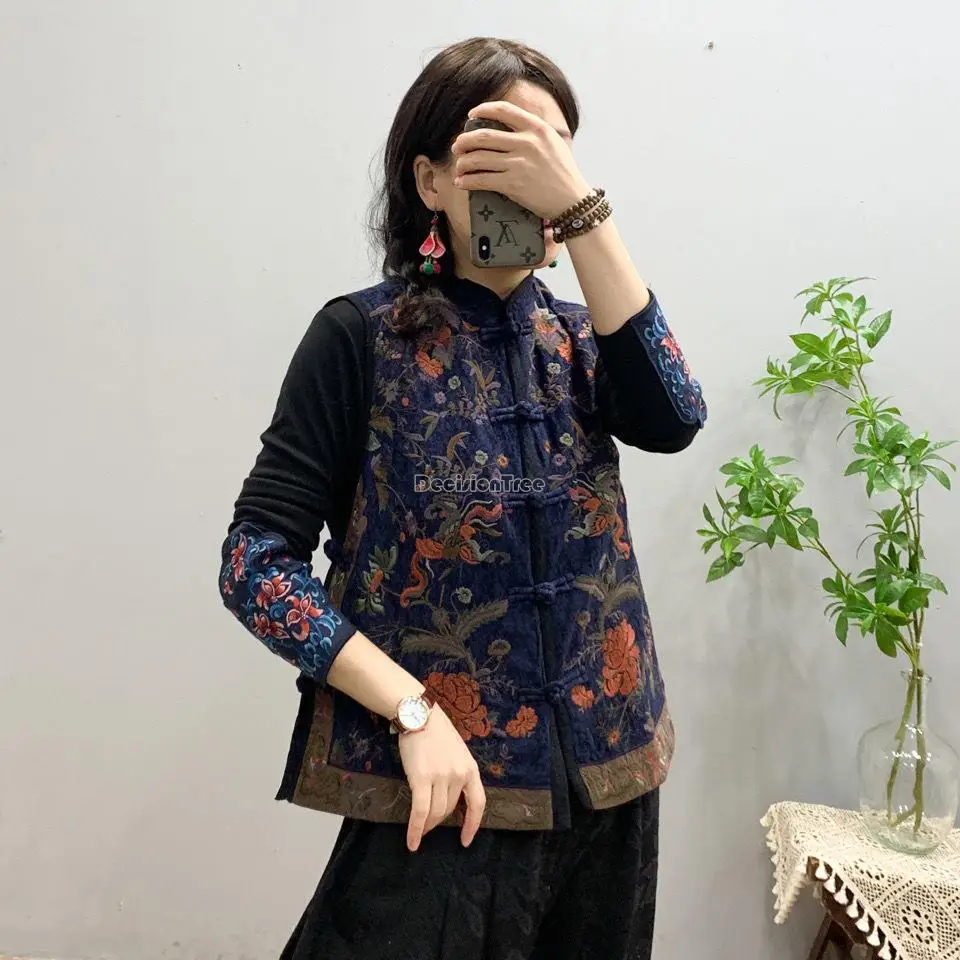 Chinese Retro National Style Flower Embroidery Sleeveless Women Stand Collar Vest Top Cotton Linen
