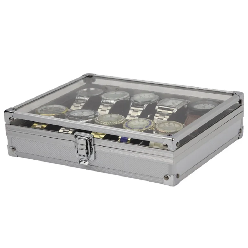 Watch Storage Box VANSIHO Aluminum 6/10/12 Grids Suitcase With Glass Window For Men