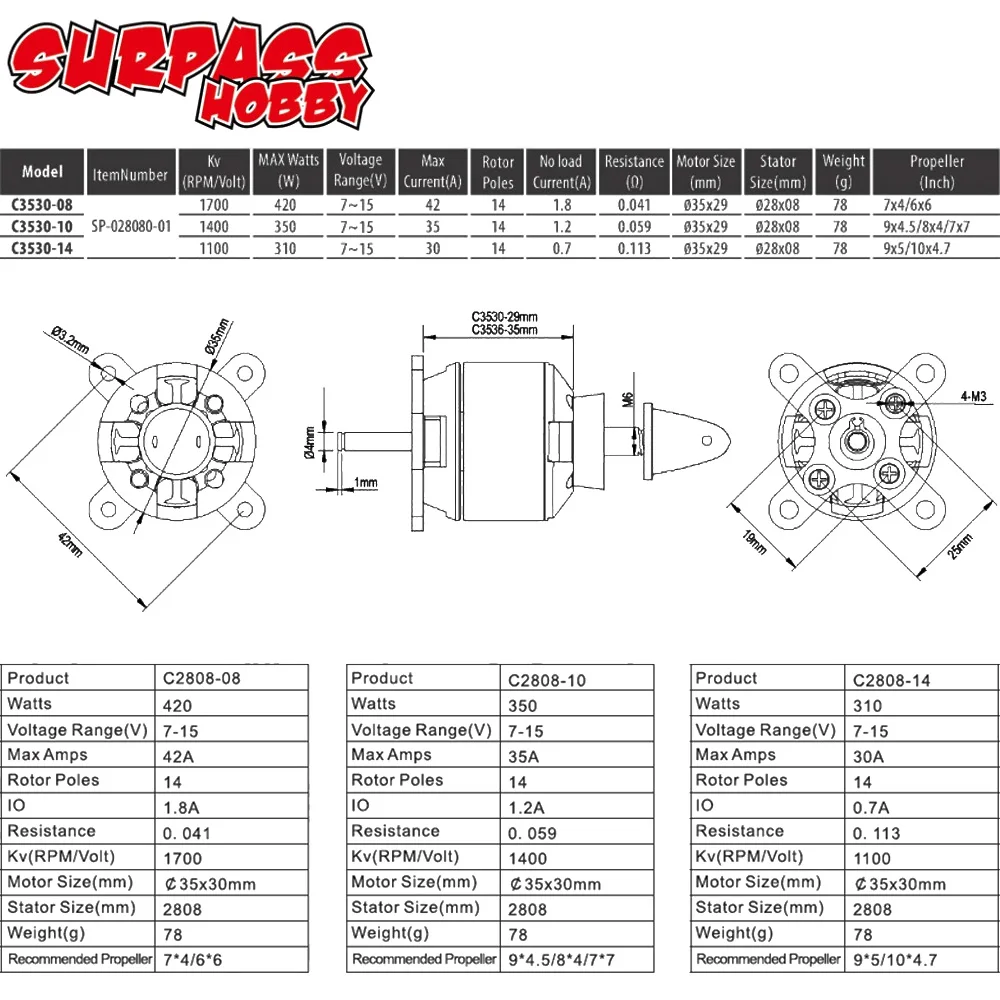 Surpass Hobby C3530 1100KV 1400KV 1700KV 14Poles Outrunner Brushless Motor RC Airplane Fixed-wing Aircraft Multicopters Toys drive motor