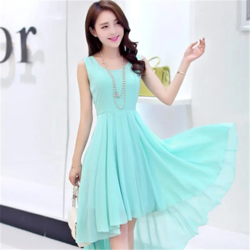 

2023 Irregular Solid Sleeveless Tank Beach Summer Dress Vestidos Womens Clothing Asymmetric High Low Chiffon Dress