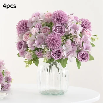 1/4pcs Realistic Artificial Flower Bouquet, Reusable Faux Peony Chrysanthemums Hydrangea Bouquets with Stem, Home Room Decor 2