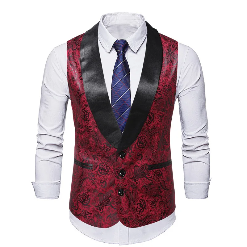 

Mens Red Paisley Suit Vest Stylish Shawl Collar Sleeveless Vest Waistcoat Men Party Wedding Groom Tuxedo Vests Gilet Homme XXXL