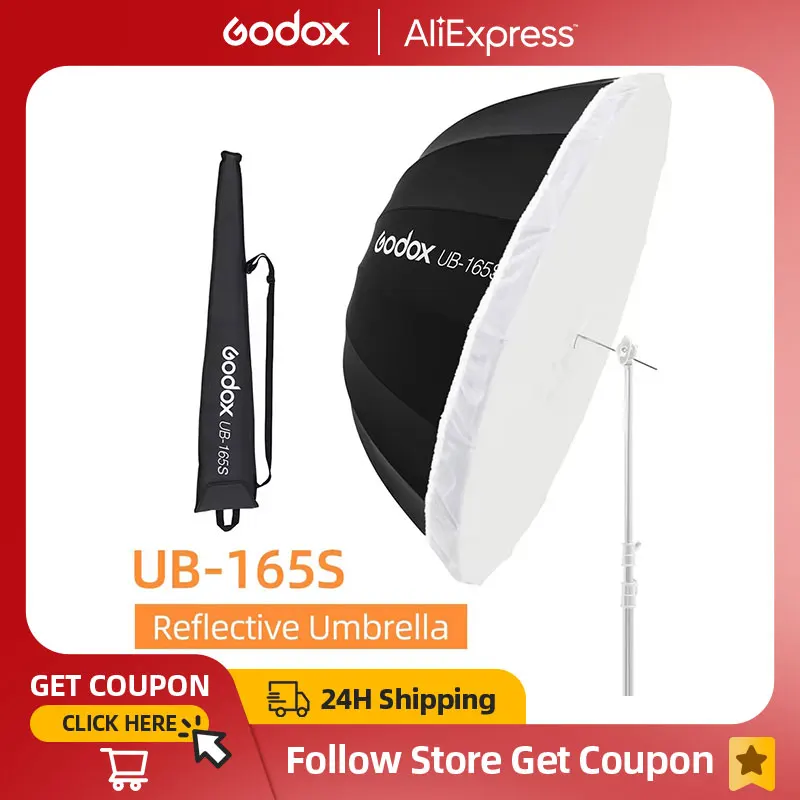 Godox UB-165S 65 인치 165cm 포물선 검정색 반사 우산 스튜디오 라이트 우산, 블랙 실버 디퓨저 커버 천 포함