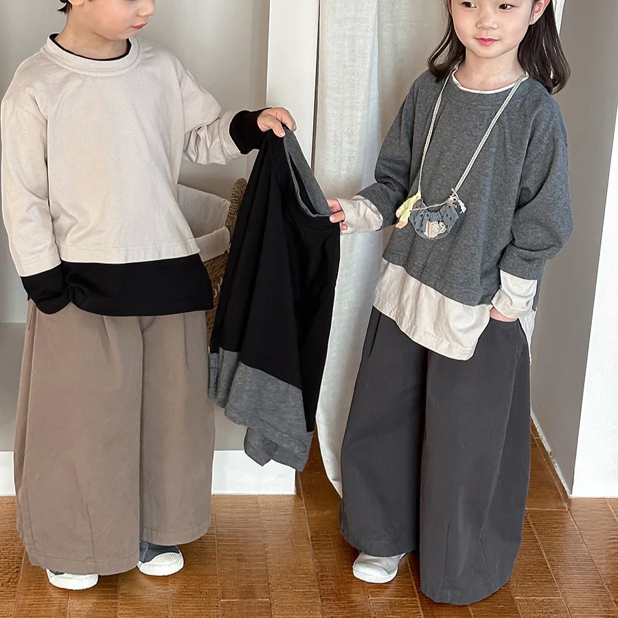 Children Clothes Spring New Solid Color Cotton Straight Pants Baby Boys and Girls Loose Casual Kids Wide-leg Pants