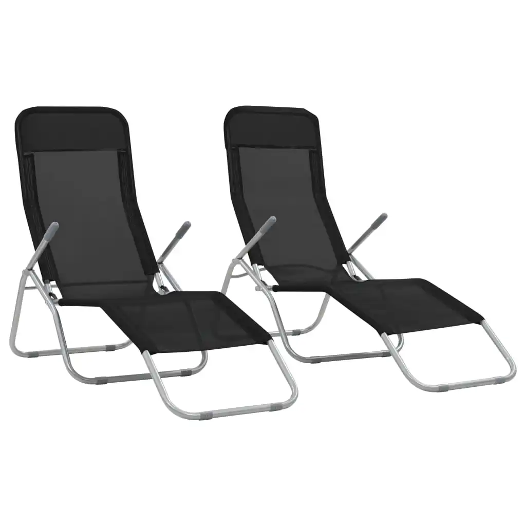 Outdoor Patio Garden Folding Sun Lounger Lounge Chairs Set of 2 Pool Outside Deck 2 pcs Textilene Black