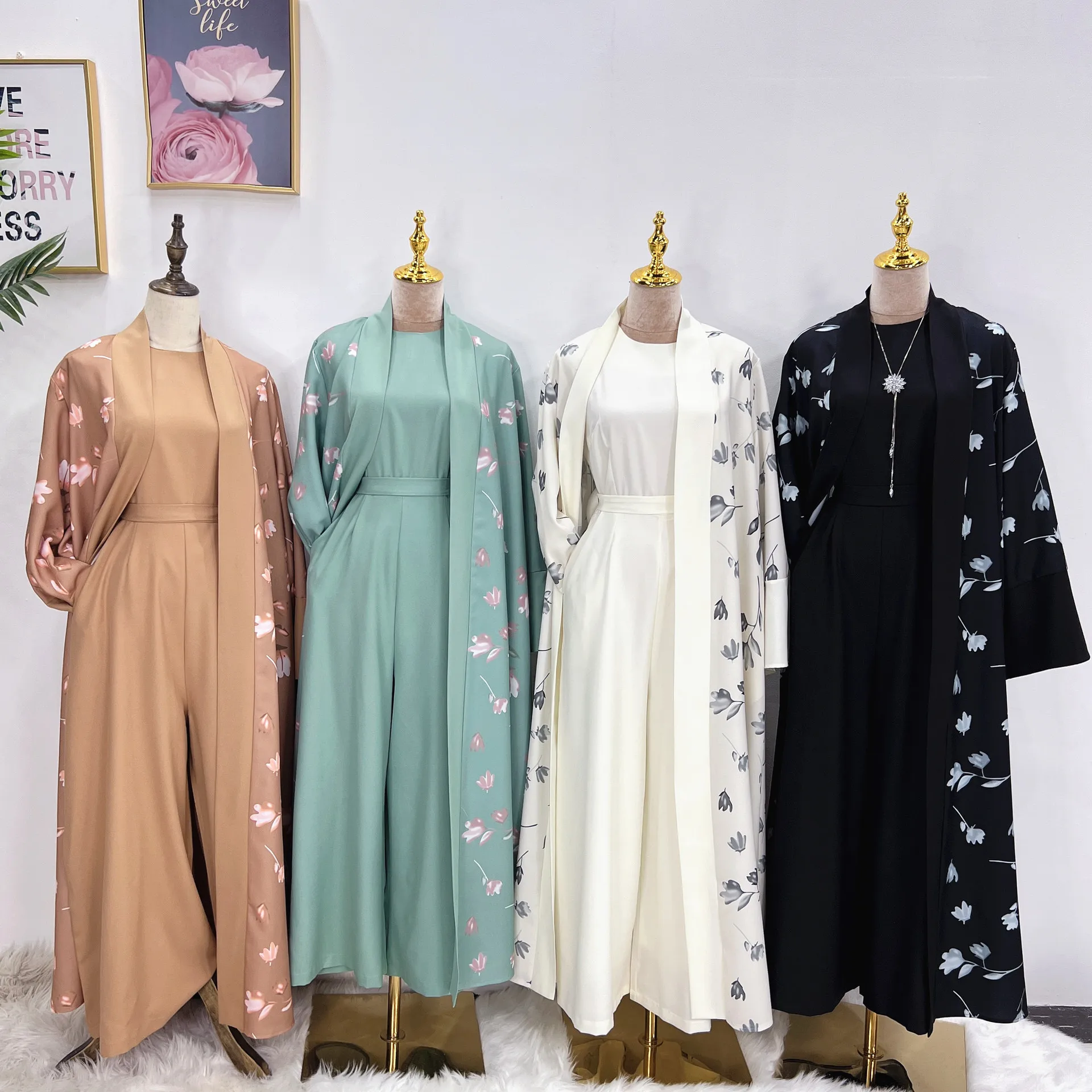 Ramadan Eid Abaya Kimono Matching Jumpsuit Muslim Sets Hijab Dress Turkey Linen Open Abayas for Women Dubai Arabic Kaftan Islam