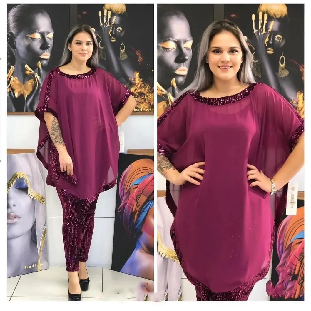 مجموعة الملابس النسائية الأفريقية حجم كبير بلوزة شيفون الترتر الربط مع حزام داخلي مطاطا الترتر السراويل فرقة عصرية