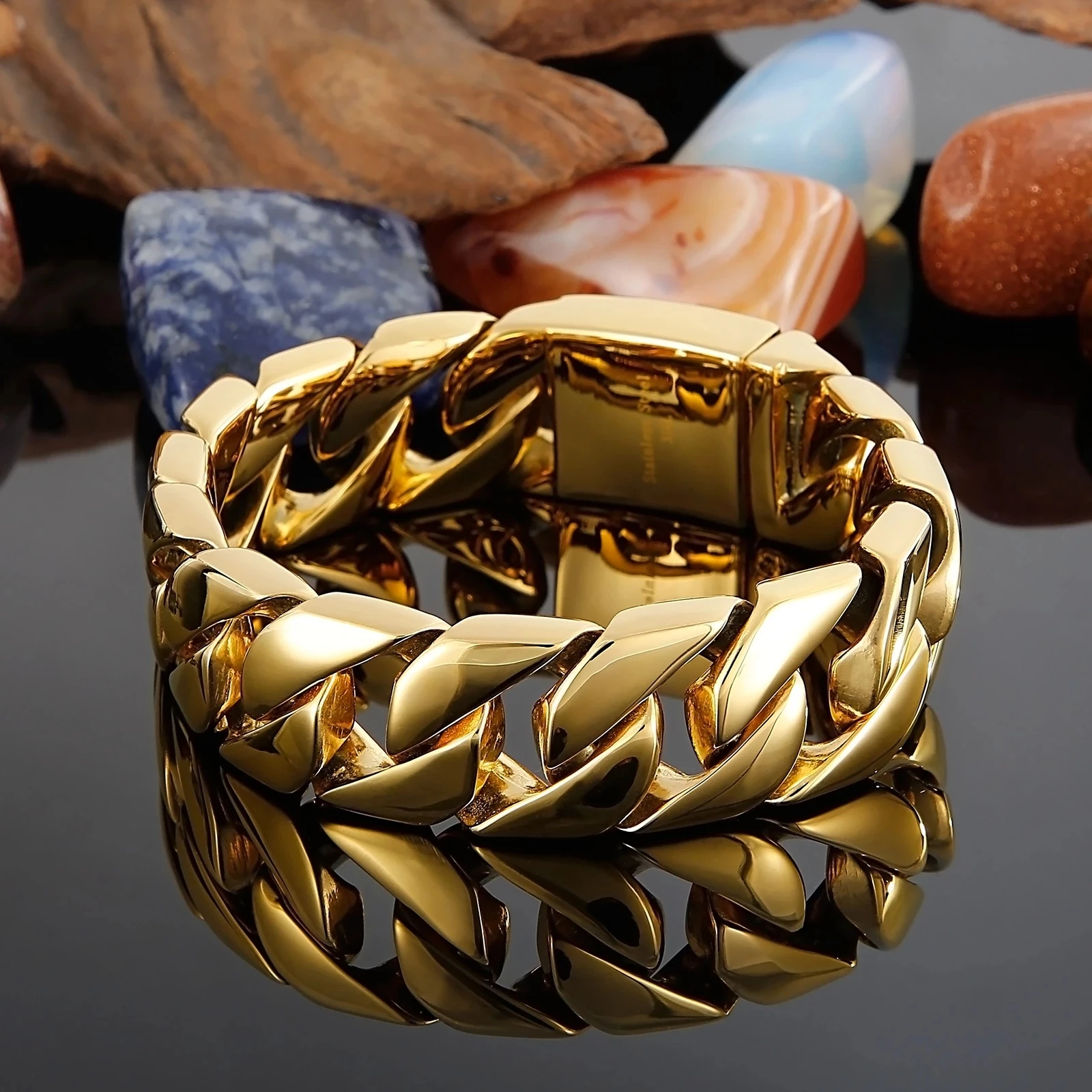 20Mm Heavy Punk 18K Gold Color Curb Bracciale A Catena Cubana Uomo Donna Hiphop Retro Matte Black Gioielli In Acciaio Inossidabile Per Bici