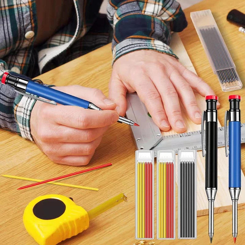 Solidny ołówek stolarski z końcówkami do napełniania i wbudowaną ostrzałką  do głębokiego otworu ołówek automatyczny Marker do znakowania narzędzi do  obróbki drewna| | - AliExpress