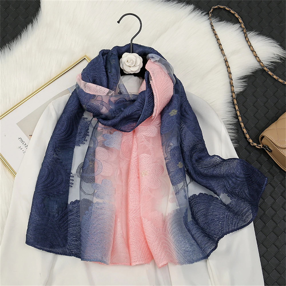 

Color Gradient Women Scarf Summer Scarves for Lady Shawls and Wraps Organza Hollowed Flowers Beach Stoles Bandana Foulard