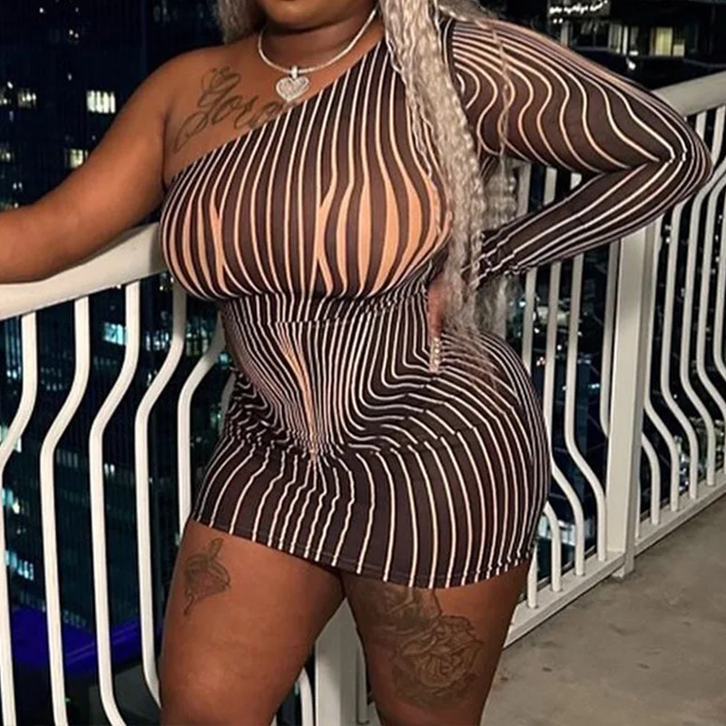 

DSMTRC Sexy Hot Single Sleeve Body-shaping Robe Female Midnight Club Vestido One Shoulder Striped Print Mini Dress For Women