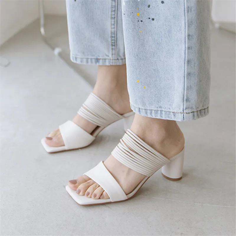 

2023 New Summer Women Slippers Split Leather Women Sandals Chunky Heel Shoes for Women Simple Women's Slippers Zapatos Mujer