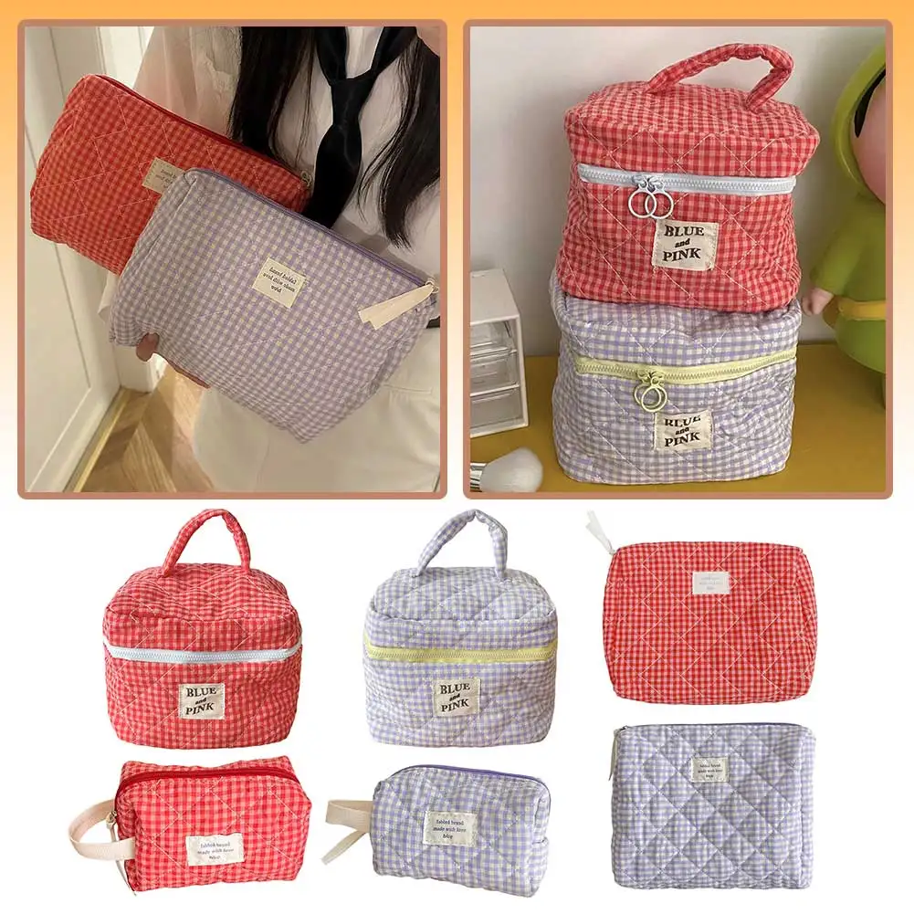 Large Capacity Cotton Makeup Bag Women Checkered Brushes Storage Bag Sweet Cute Travel Toiletry Bag Casual Ladies Soft Organizer 4