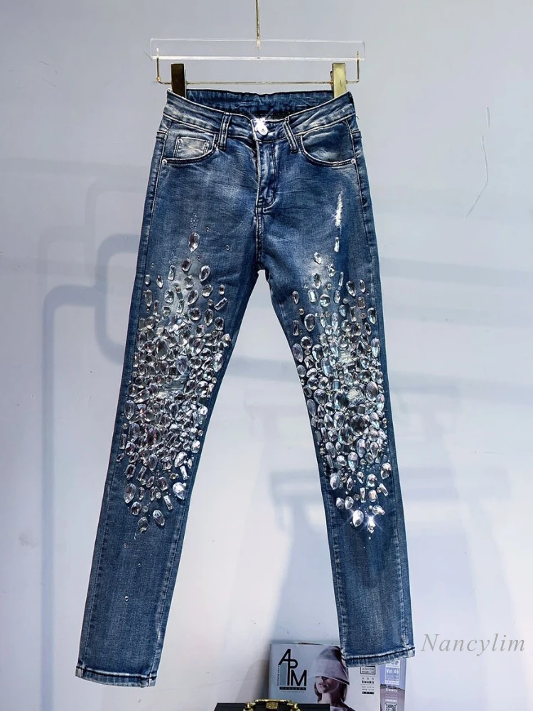 Jeans de diamante feminino 2022 primavera e verão nova moda cintura alta  magro estilo europeu pérola arco split bootcut calças - AliExpress