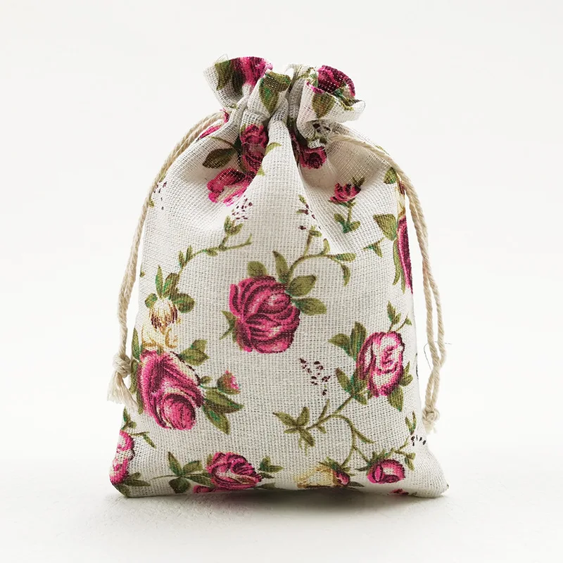 10/20 Pieces Rose Printing Linen Drawstring Bags for Wedding 7x9/10x14/13x18cm Home Kitchen Organizer Cotton Storage Pouches