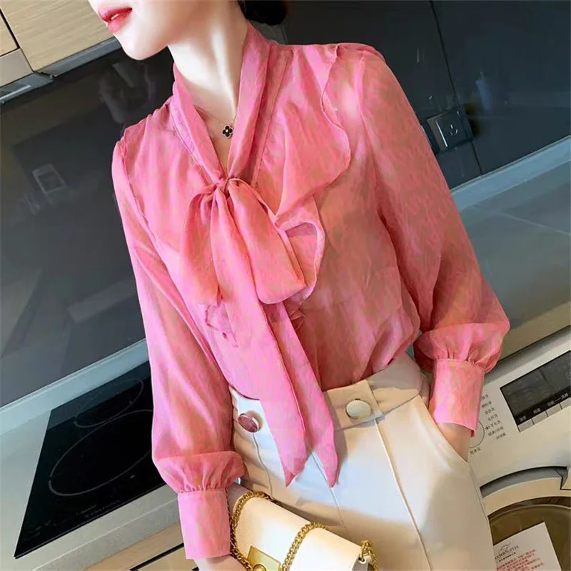Women's Elegant Ruffle Bow Lace Up Sweet Chic Shirts 2023 Spring Autumn Korean Fashion Print Long Sleeve Slim Top Blouse Blusas