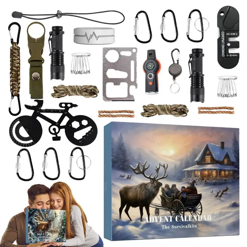 Survival Kit Advent Calendar Christmas Countdown Calendar Survival Tools with Parachute Cord Flashlight Hiking Camping Supplies
