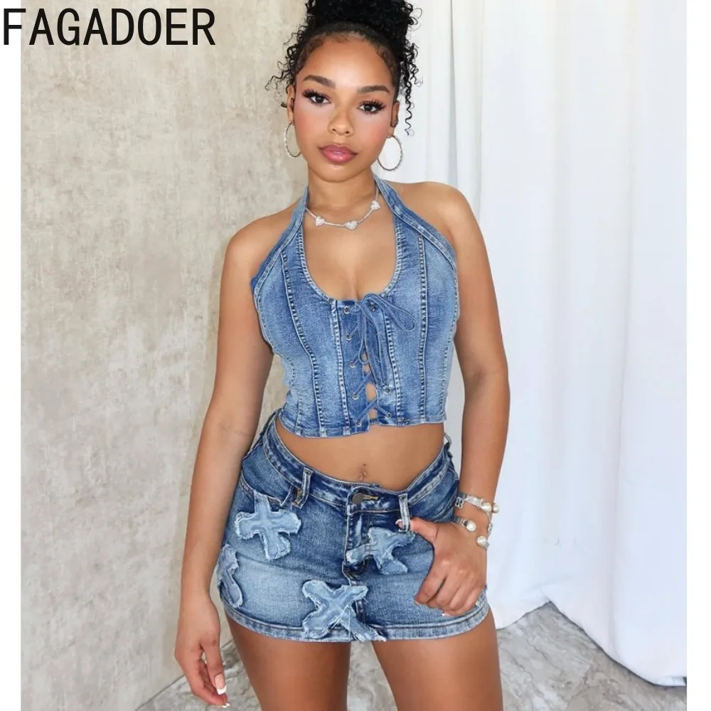 FAGADOER Sexy Bandage Hollow Halter Printing Denim Skirts Two Piece Sets Women V Neck Sleeveless Backless Top And Skirts Outfits fashion women summer jumpsuits sleeveless sling imitation denim printing jumpsuit