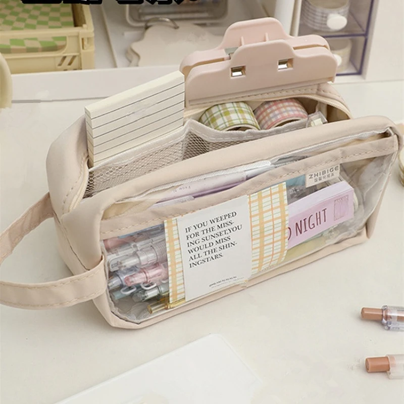 Large CapacityTransparent Pencil Bag Aesthetic School Cases Kawaii  Stationery Holder Bag Pen Case Students School Supplies