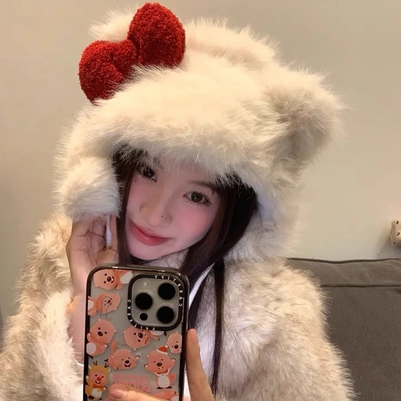 

Cute Cat Bow Plush Kitty Hat Balaclava Korean Winter Warm Kawaii Hats for girls women