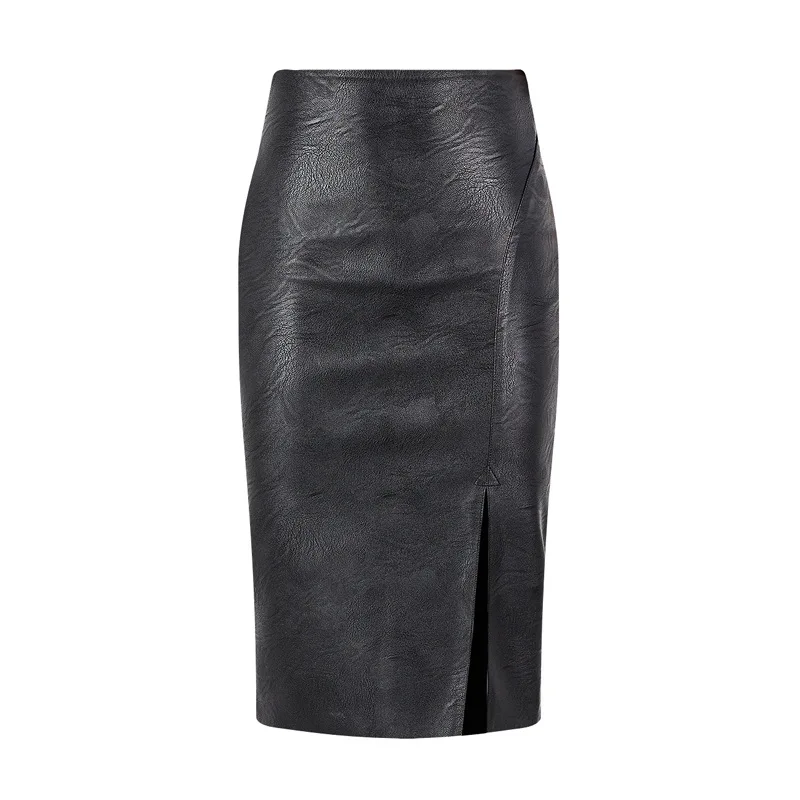 

2022 Faux Leather Pencil Stretchy Slim Skirt Knee Length High Waist Side Split Sexy Lady's Half Body Midi Hip Skirt