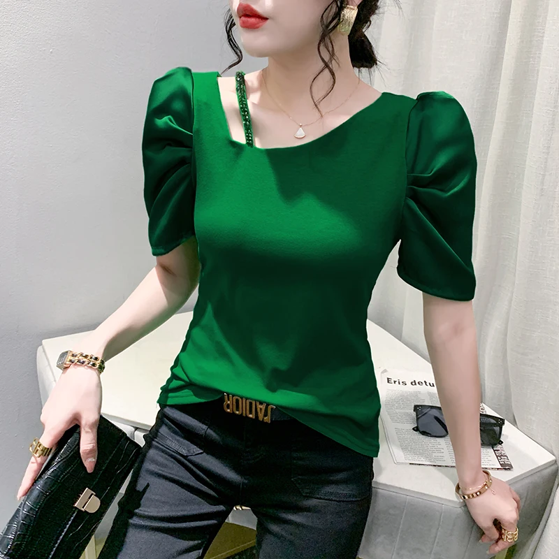 

2023 New Summer European Clothes Cotton T-Shirt Chic Sexy Patchwork Hollot Out Shiny Beading Women Tops Puff Sleeve Tees 34223