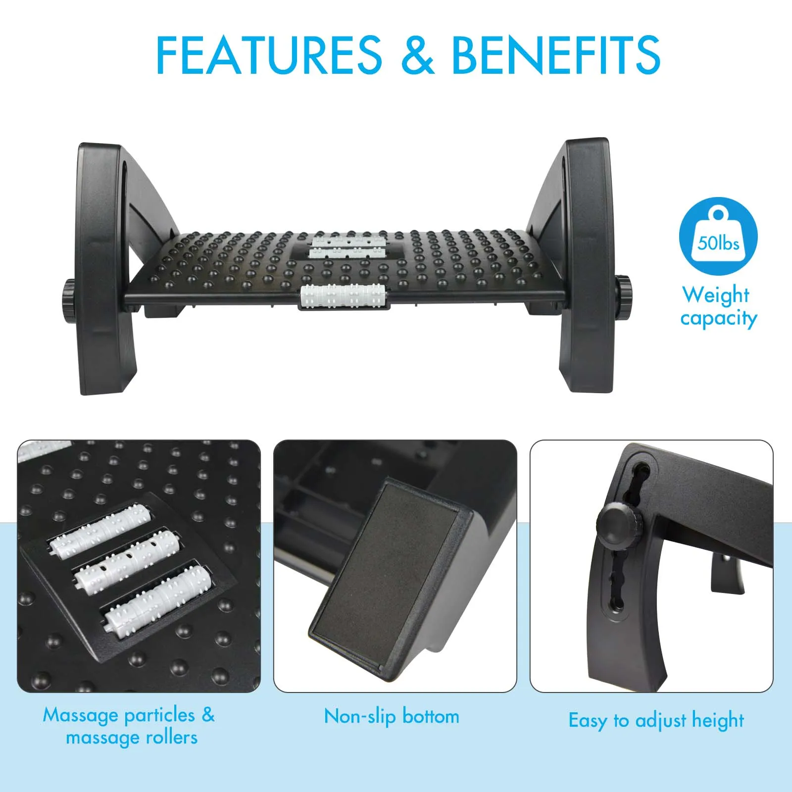 Under Desk Footrest Massage Surface Ergonomic 6 Height Position Adjustable Firm Non-Slip Legs for Home Office foot stool