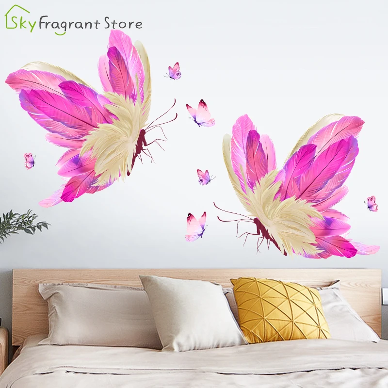Pink Feather Butterfly Wall Stickers For Living Rooms Bedroom