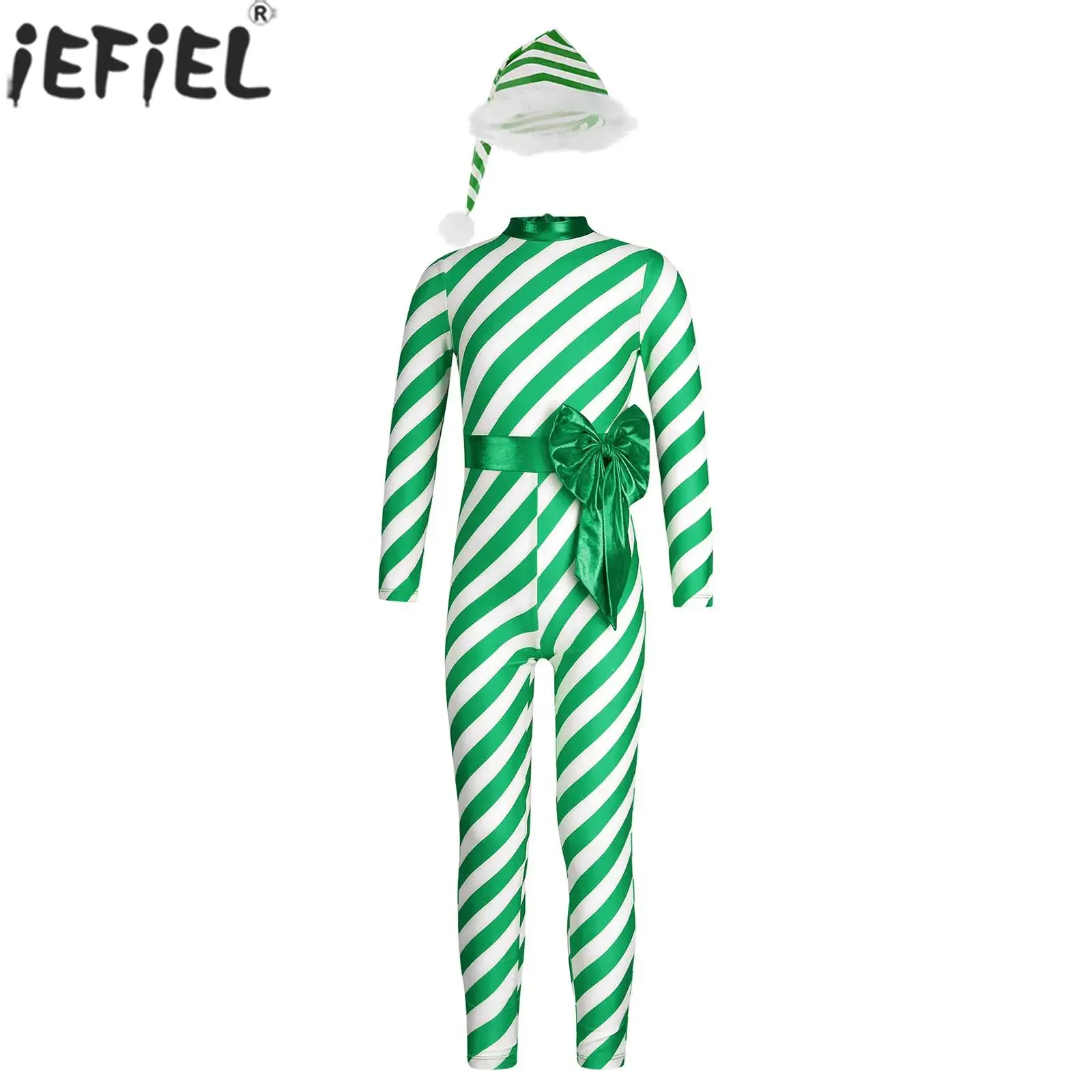 

Детский Рождественский комбинезон для девочек, карамельные полосатые боди с шапкой, гимнастический купальник для балета и танцев, косплей-костюм Санта-Клауса