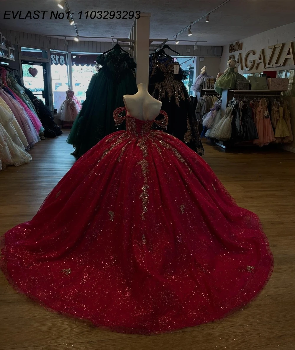 EVLAST Glitter Red Ball Gown Quinceanera Dress Gold Applique Beading Birthday Sweet 16 Vestidos De 15 Anos E1Q646