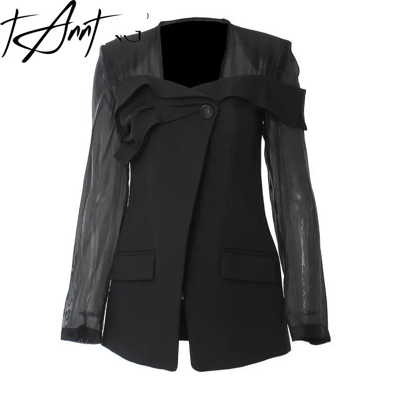 

TANNT Women Blazer Semi Perspective Stitched Single Button Long Sleeve Ladies Black Blazer Coat Fashion Women's Suit Jacket 2024